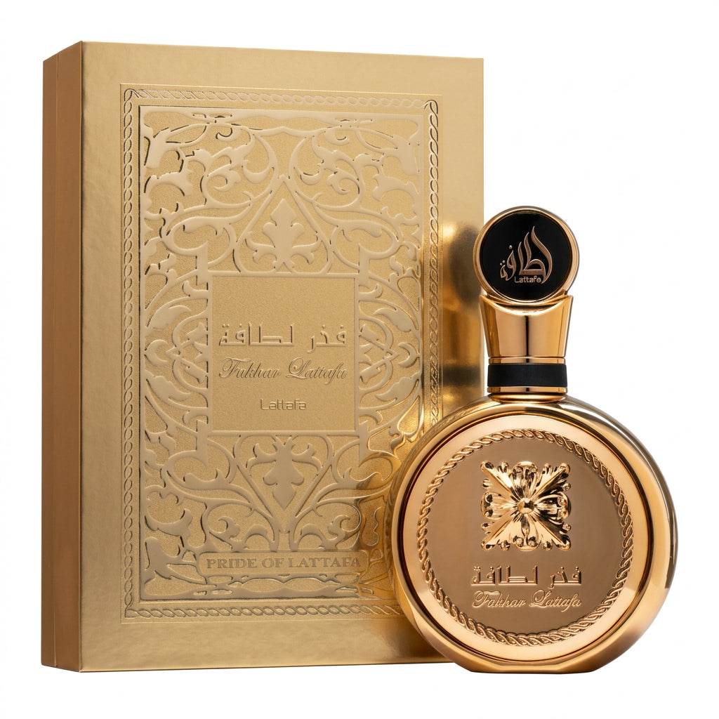Lattafa Fakhar Gold Extrait 3.4 Oz bottle and box