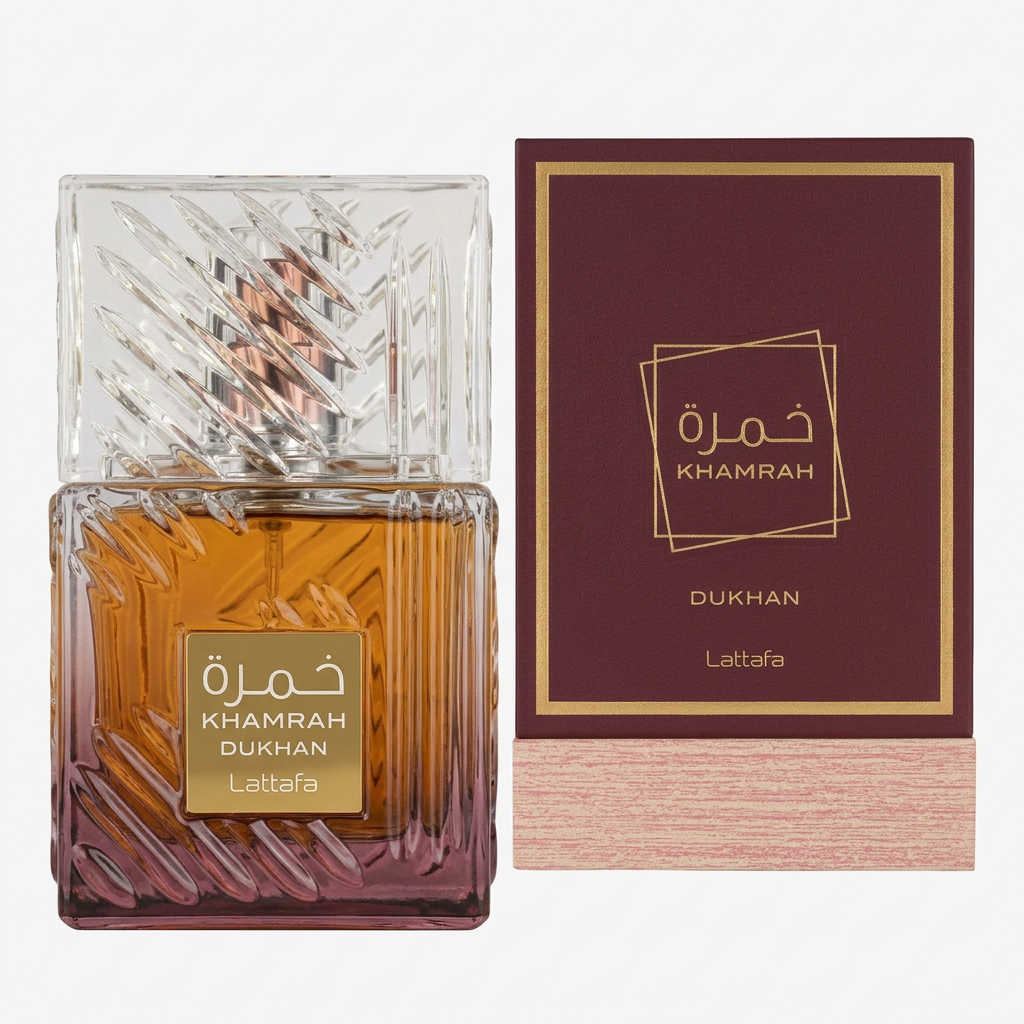 Lattafa Khamrah Dukhan 3.4 Oz bottle and box