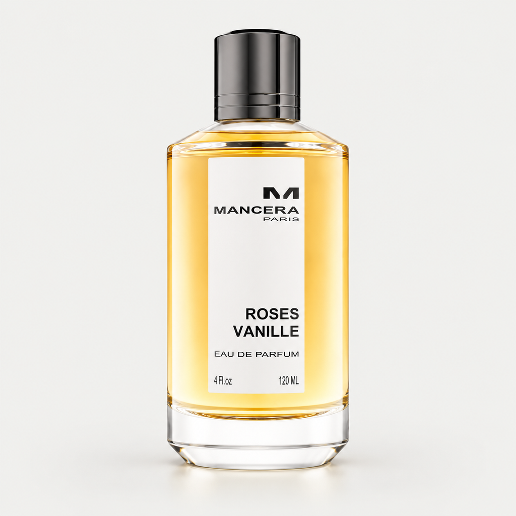 Mancera Roses Vanille Eau de Parfum 4.0 Oz bottle on a light gray studio background