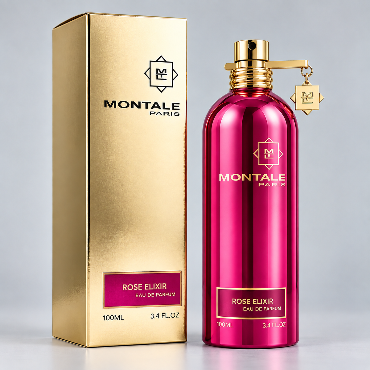 Montale Rose Elixir Eau de Parfum 3.4 Oz pink bottle and gold box