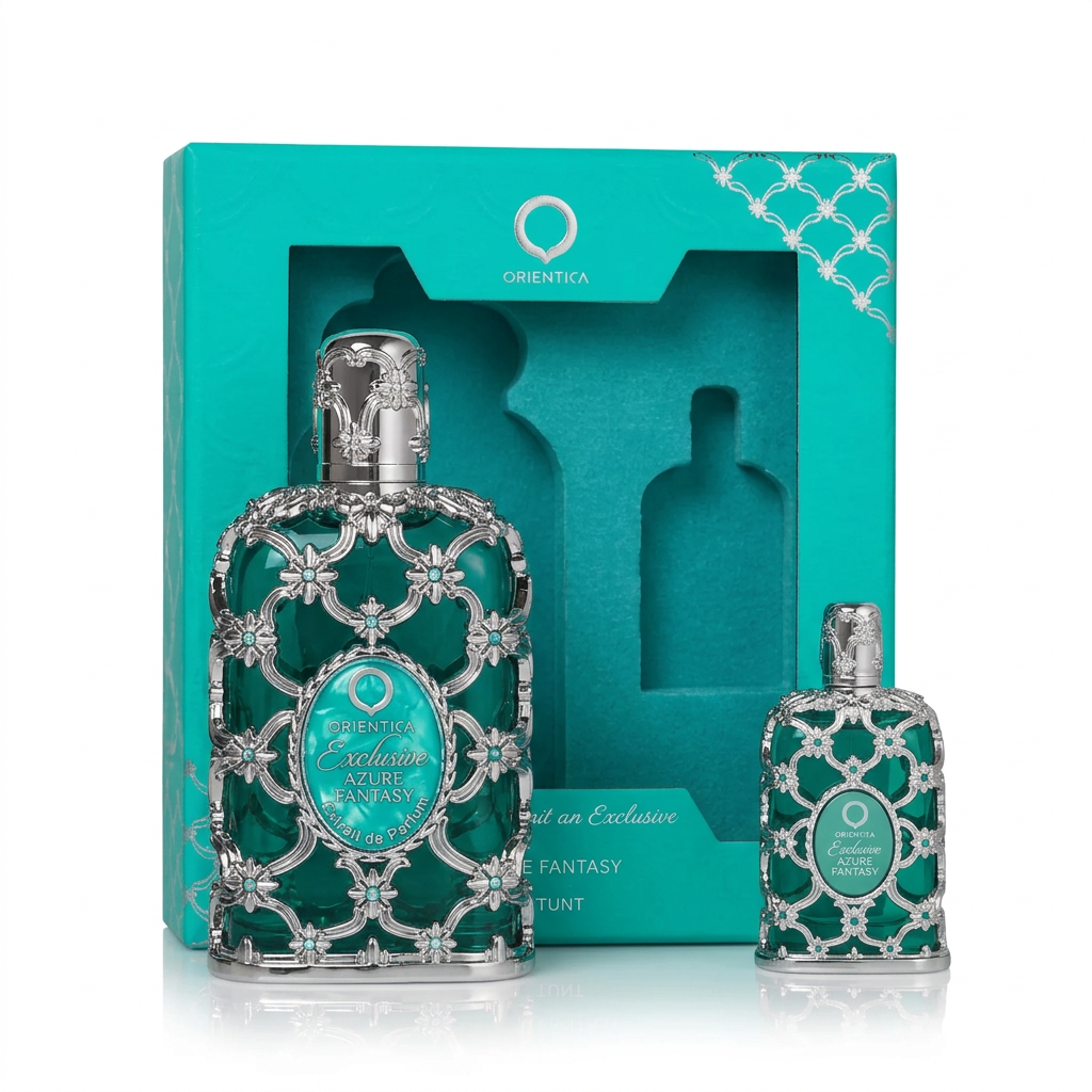 Orientica Azure Fantasy 1 Oz and 0.25 Oz gift set bottles and box