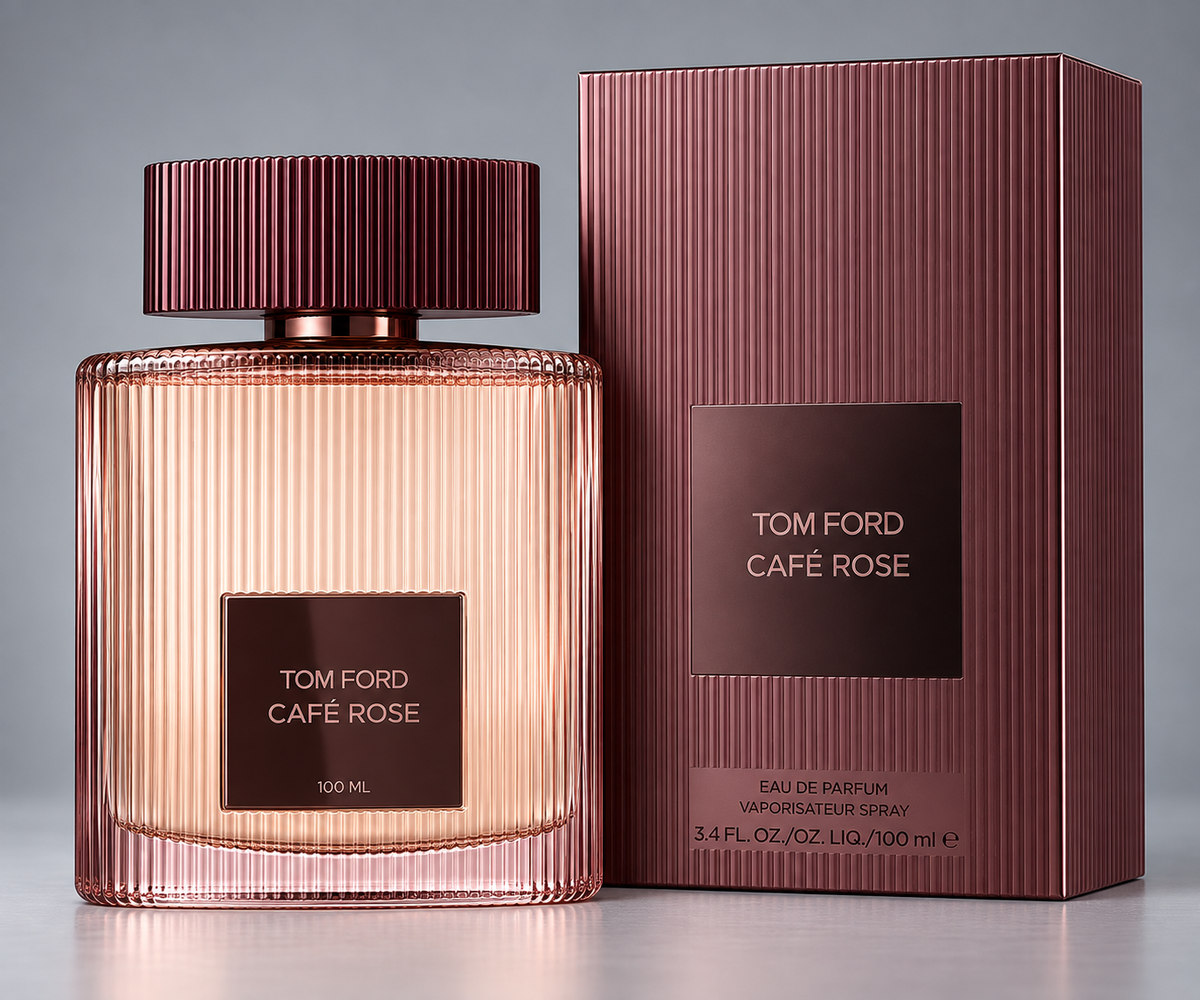 Tom Ford Café Rose Eau de Parfum 3.4 oz ribbed bottle and matching box on gray background