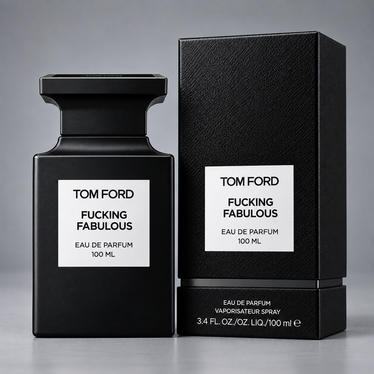 Tom Ford Fucking Fabulous Eau de Parfum 3.4 oz bottle and box on gray background