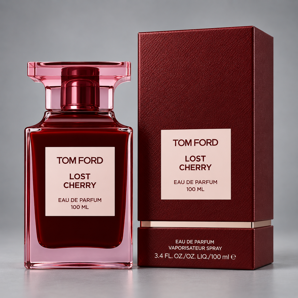 Tom Ford Lost Cherry Eau de Parfum 3.4 oz bottle and box on gray background
