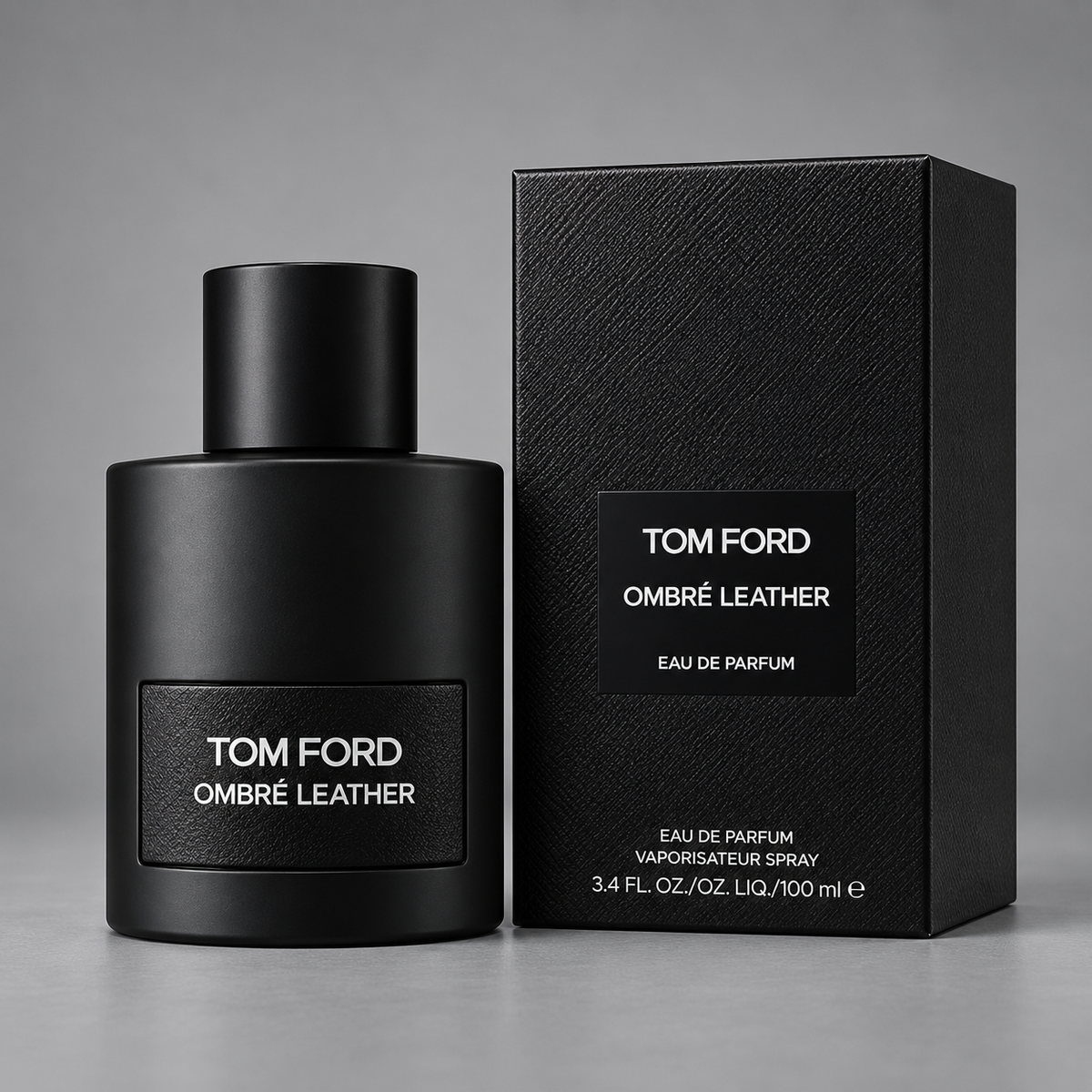 Tom Ford Ombré Leather Eau de Parfum 3.4 oz bottle and box on gray background