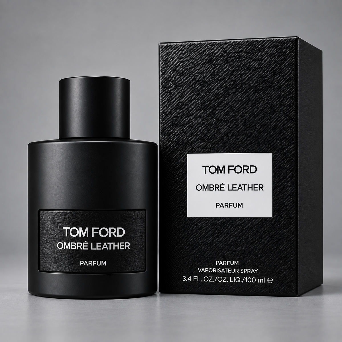 Tom Ford Ombré Leather Parfum 3.4 oz bottle and box on gray background