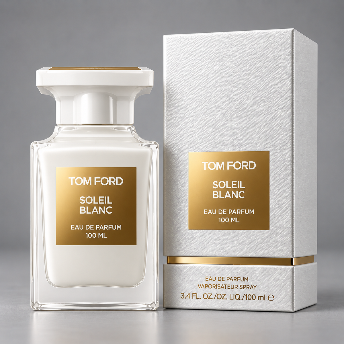 Tom Ford Soleil Blanc Eau de Parfum 3.4 oz bottle and box on gray background