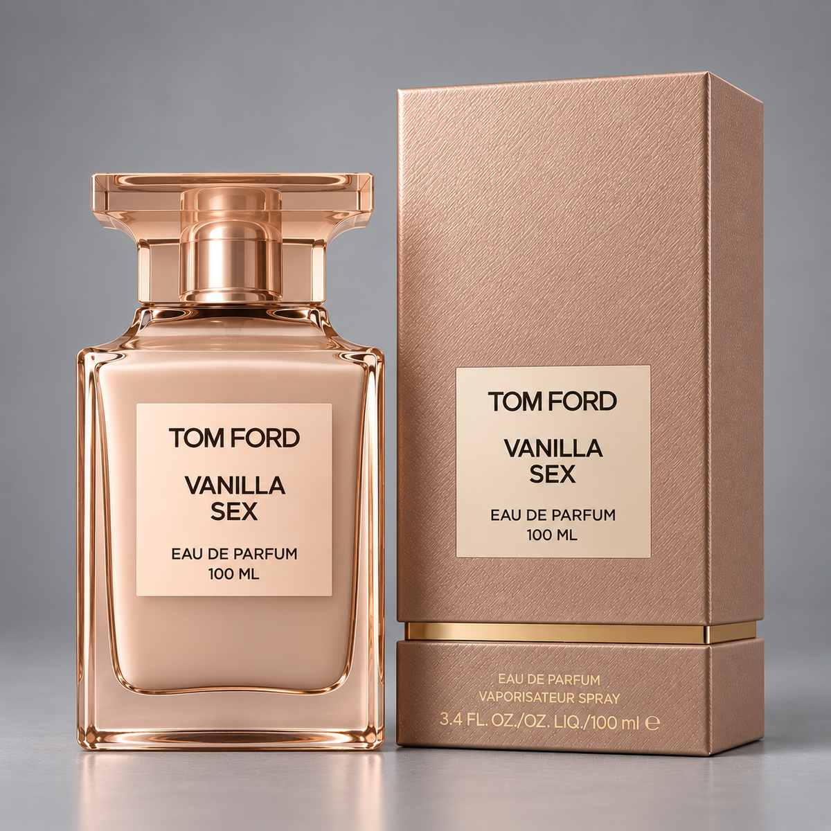 Tom Ford Vanilla Sex Eau de Parfum 3.4 oz bottle and box on gray background