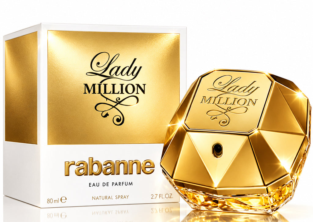 Rabanne Lady Million Eau de Parfum 2.7 Oz bottle and box