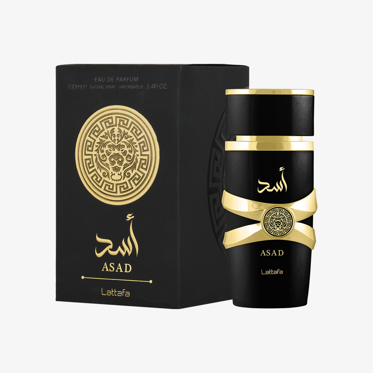 Lattafa Asad Eau de Parfum – 3.4 Oz – Men's bottle and packaging